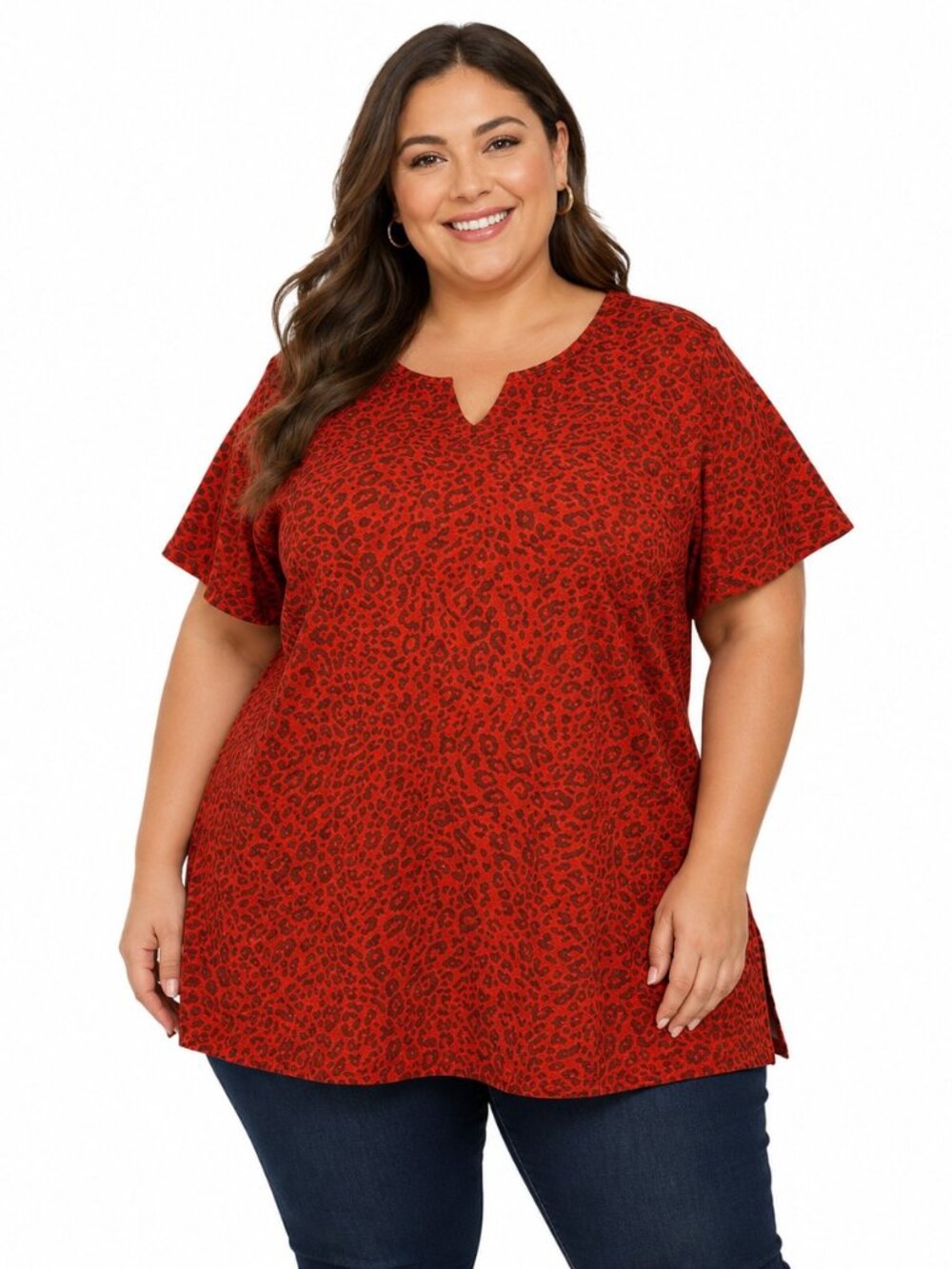 Roaman's Shirt Short Sleeve Size 1X Orange Animal Print Tunic Cotton
